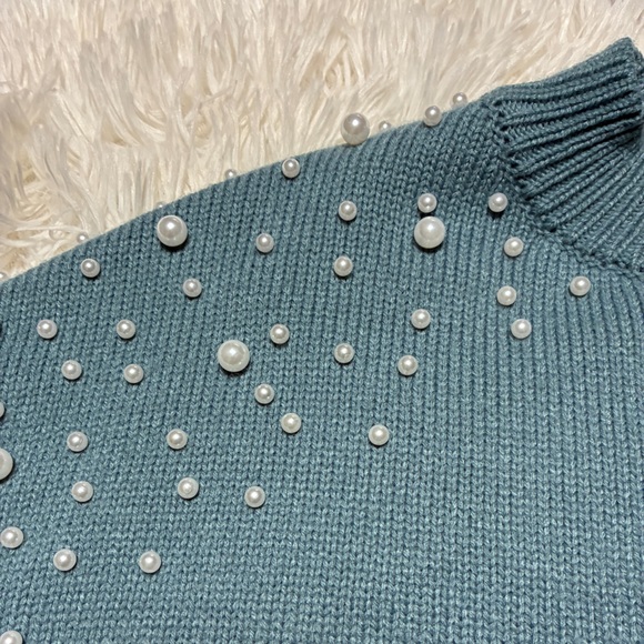 Women's Teal Pearl-Embellished Sweater - Picture 7 of 11